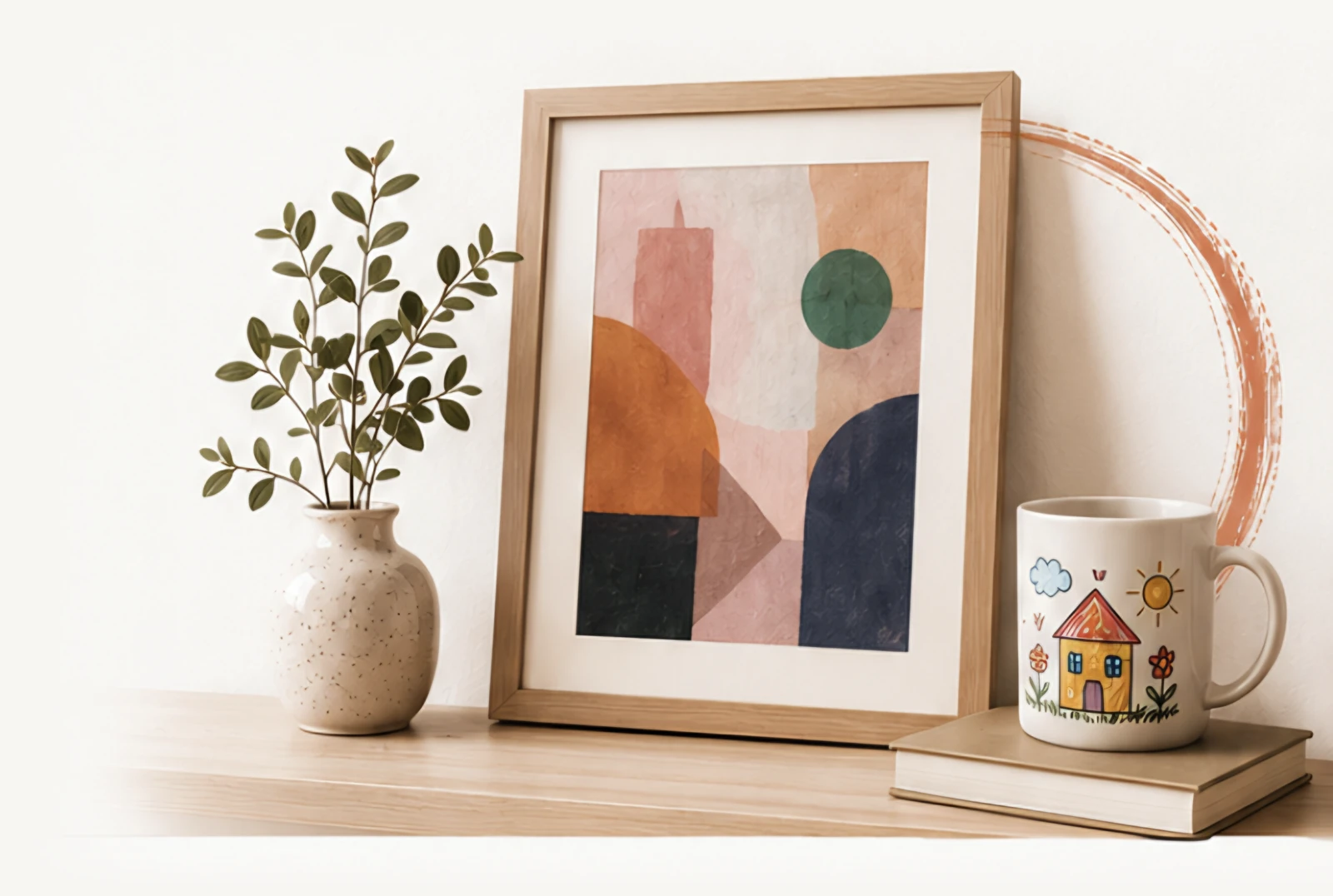 Framed abstract print, a speckled vase with an olive sprig, and a house mug on a book, on an oak shelf